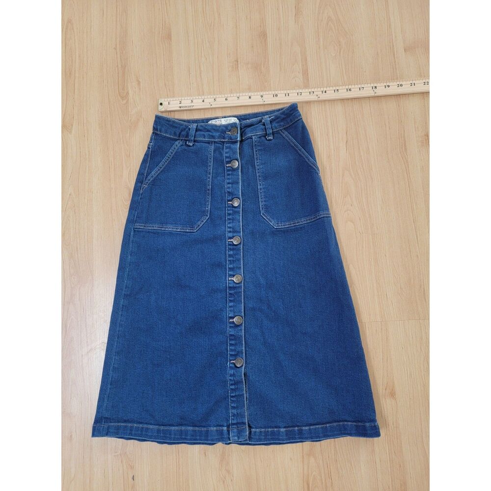 Zara Z1975 Denim Button-Front A-Line Midi Skirt Blue Extra Small XS